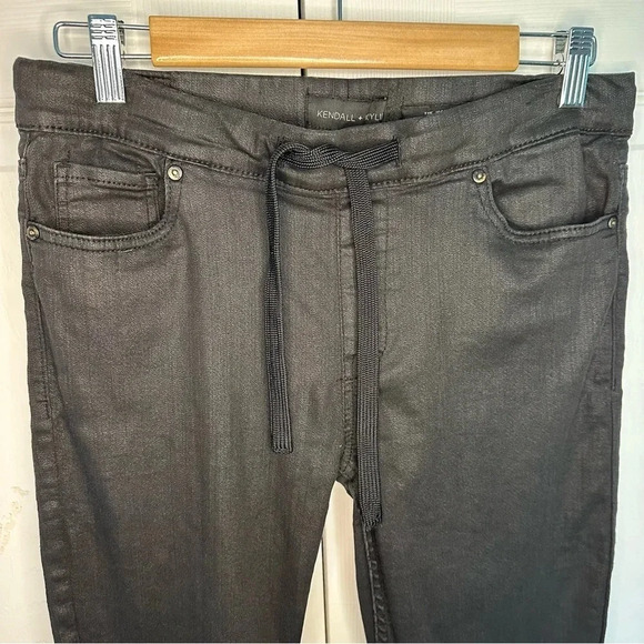 Kendall And Kylie Black Wax Coated Denim Drawstring Joggers Size Medium - Picture 2 of 10